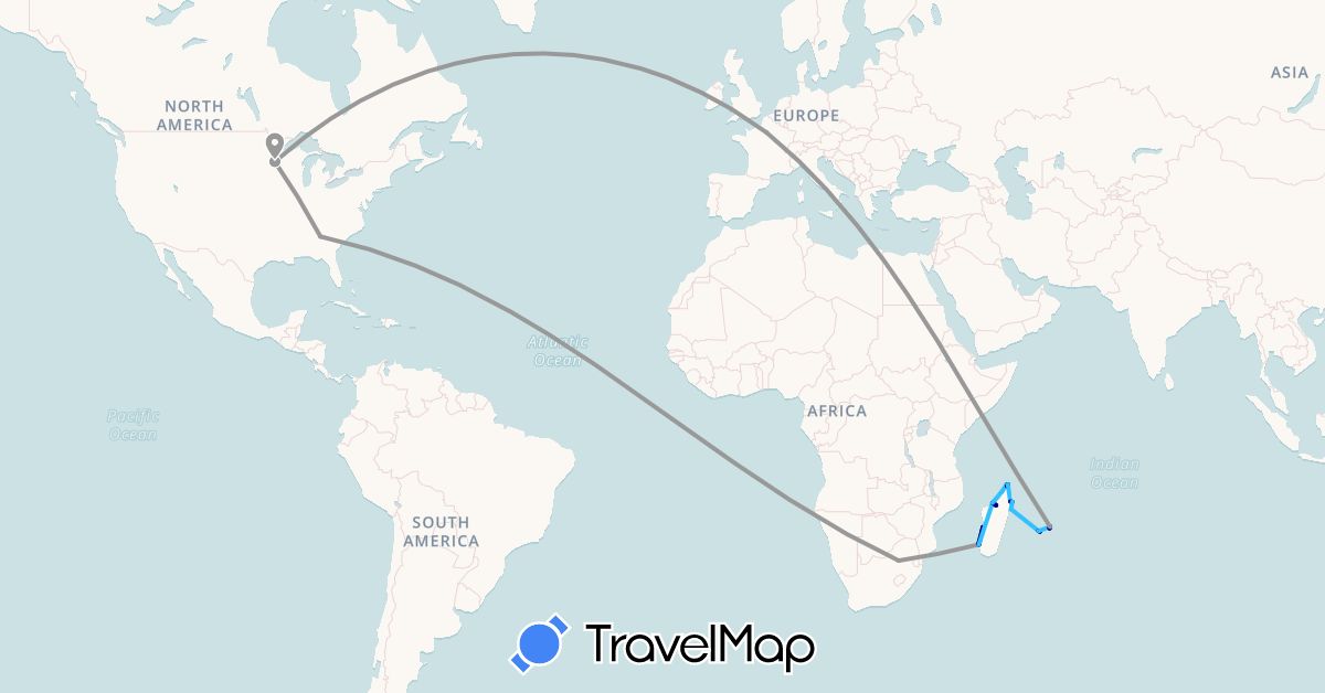 TravelMap itinerary: driving, plane, boat in France, Madagascar, Mauritius, United States, South Africa (Africa, Europe, North America)