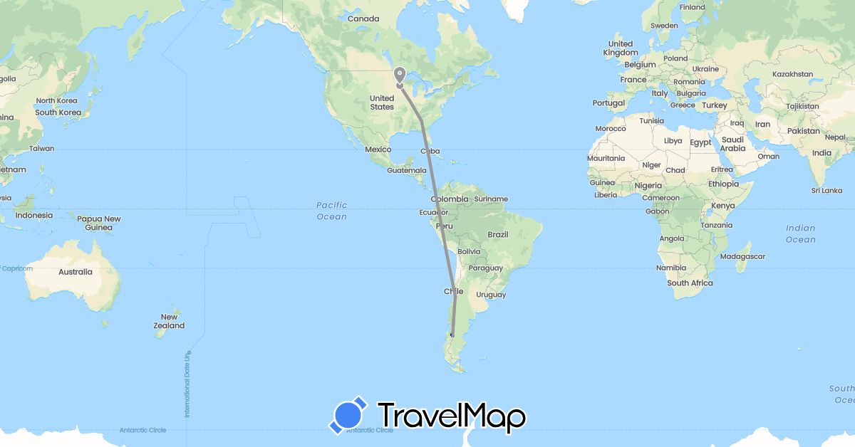 TravelMap itinerary: driving, plane in Chile, United States (North America, South America)